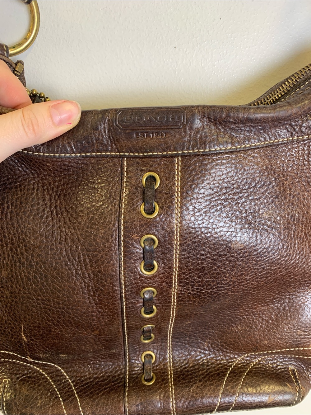 Coach Dark Brown Pebbled Leather Hobo with Brass Eyelet Detail - Picture 2 of 6